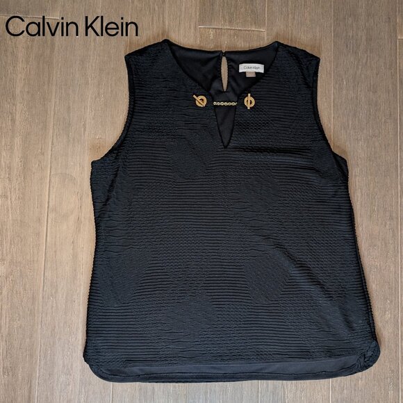 Calvin Klein, Textured Tank Blouse, Gold Chain Clasp, Black, Sz XL - Picture 1 of 9